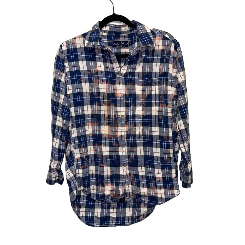 Lauren James Boyfriend Plaid Button‎ Down Flannel Shirt Blue White Bleached Med